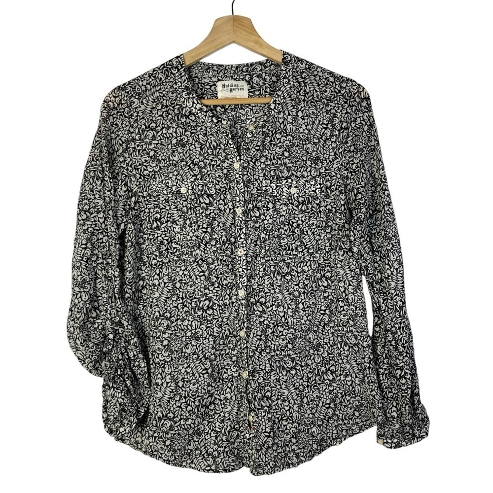 Anthropologie Holding Horses Zellige Black & White Bird Print Long Sleeve 4